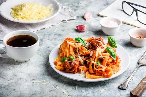 Pasta with mini meatballs Stock Photos