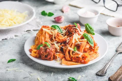Pasta with mini meatballs Stock Photos