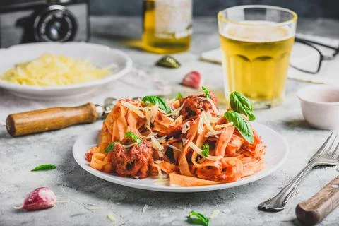 Pasta with mini meatballs Stock Photos