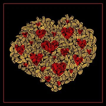 Pasta pattern designed in the shape of heart - hand drawn pasta vector Stock Illustration