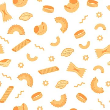 Pasta pattern. Seamless print with Italian wheat food, cartoon spaghetti. Vec Stock Illustration