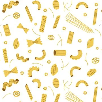 Pasta pattern. Seamless texture of traditional Italian macaroni, different Stock Illustration