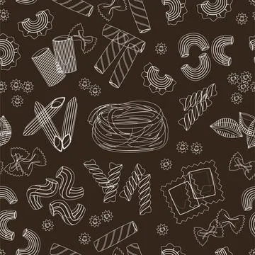 Pasta pattern. Seamless texture with white hand drawn macaroni different types Stock Illustration