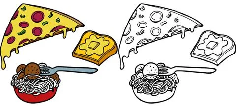 Pasta pizza garlic bread set Stock Illustration