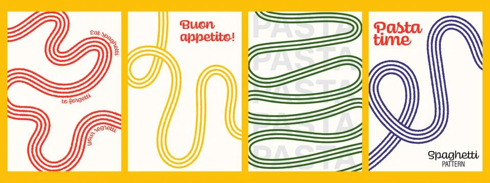 Pasta posters with abstract spaghetti waves. Italian cuisine food backgroun.. 库存插图