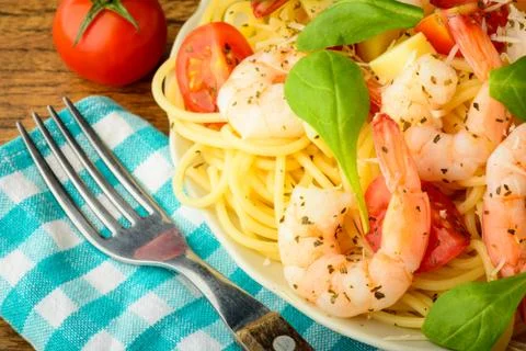 Pasta with prawns Stock Photos