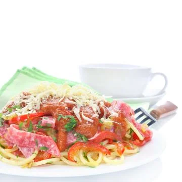 Pasta with salami Stock Photos