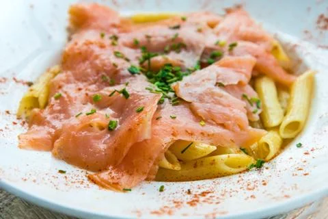Pasta with salmon Stock Photos