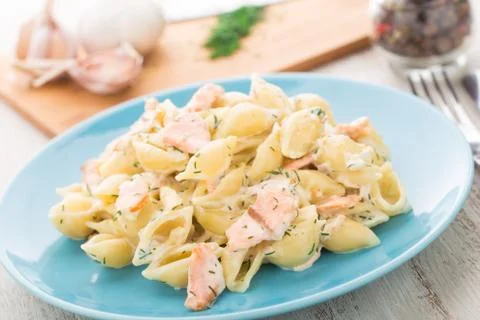 Pasta with salmon Stock Photos