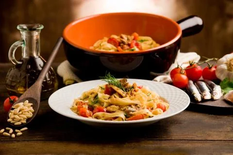 Pasta with sardines Stock Photos