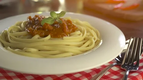 Pasta with sauce and basil Stock Footage 57311798