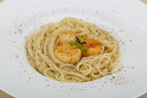 Pasta with scallops Foto stock