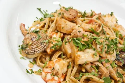 Pasta with seafood Stock Photos
