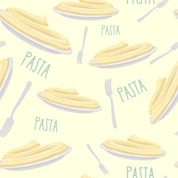 Pasta Seamless pattern. Dish with noodles and fork. Stock Illustration