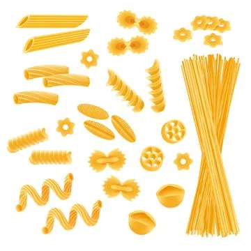 Pasta set isolated on white, different kinds of macaroni and spaghetti uncooked Stock Illustration