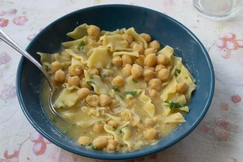 Pasta with soup of chickpeas Stock Photos