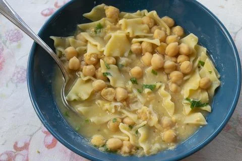 Pasta with soup of chickpeas Stock Photos