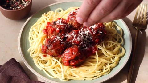 Pasta spaghetti with meatballs in tomato sauce. Italian food. Stock Footage 252172061