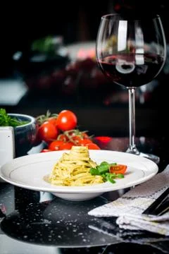 Pasta spaghetti with pesto Stock Photos