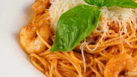 Pasta spaghetti with prawns, cheese and tomatoes sauce Stock Footage 78232876