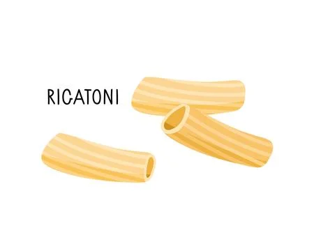 Pasta type rigatoni in flat style with inscription isolated on white Stock Illustration