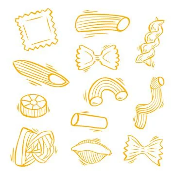 Pasta types. Hand drawn vector set of various pasta types Stock Illustration