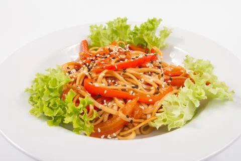 Pasta with vegetable in white plate, isolate Stock Photos
