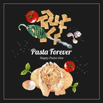 Pasta wreath design with hand, fork, Fusilli watercolor illustration Stock Illustration