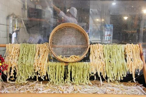 Pastas in the Window of a Restaurant. 스톡 사진