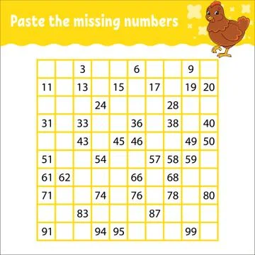 Paste the missing numbers from 1 to 100. Handwriting practice. Learning numbe Stock Illustration