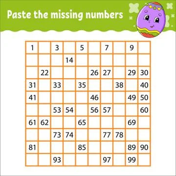 Paste the missing numbers from 1 to 100. Handwriting practice. Learning numbe Stock Illustration
