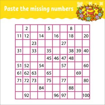 Paste the missing numbers from 1 to 100. Handwriting practice. Learning numbe 스톡 일러스트