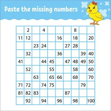 Paste the missing numbers from 1 to 100. Handwriting practice. Learning numbe Stock Illustration
