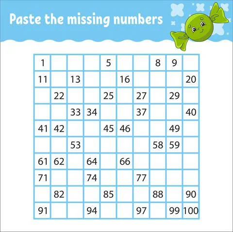 Paste the missing numbers from 1 to 100. Handwriting practice. Learning numbe 스톡 일러스트
