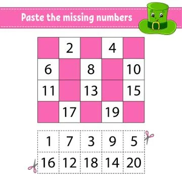 Paste the missing numbers 1-20. Game for children. Handwriting practice. Lear Stock Illustration