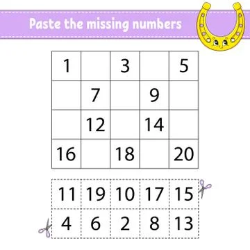 Paste the missing numbers 1-20. Game for children. Handwriting practice. Lear Stock Illustration