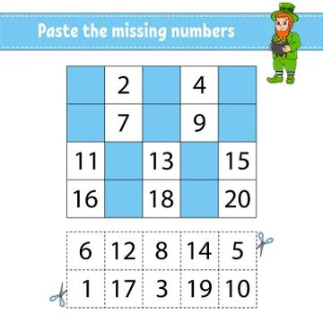 Paste the missing numbers 1-20. Game for children. Handwriting practice. Lear Stock Illustration