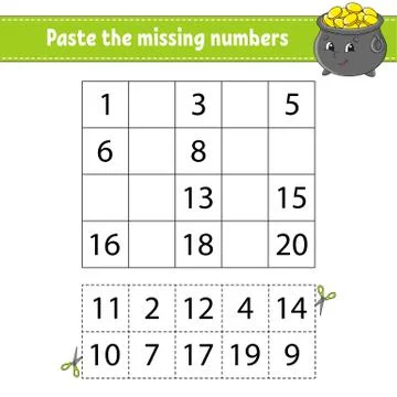 Paste the missing numbers 1-20. Game for children. Handwriting practice. Lear Stock Illustration
