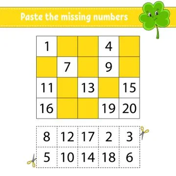 Paste the missing numbers 1-20. Game for children. Handwriting practice. Lear 스톡 일러스트