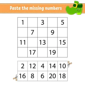 Paste the missing numbers 1-20. Game for children. Handwriting practice. Lear Stock Illustration