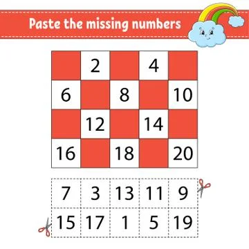 Paste the missing numbers 1-20. Game for children. Handwriting practice. Lear Stock Illustration