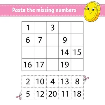 Paste the missing numbers 1-20. Game for children. Handwriting practice. Lear 스톡 일러스트