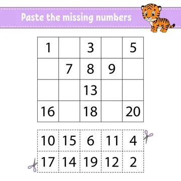 Paste the missing numbers 1-20. Game for children. Handwriting practice. Lear Stock Illustration