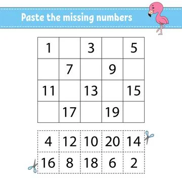Paste the missing numbers 1-20. Game for children. Handwriting practice. Lear 스톡 일러스트