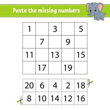 Paste the missing numbers 1-20. Game for children. Handwriting practice. Lear 스톡 일러스트