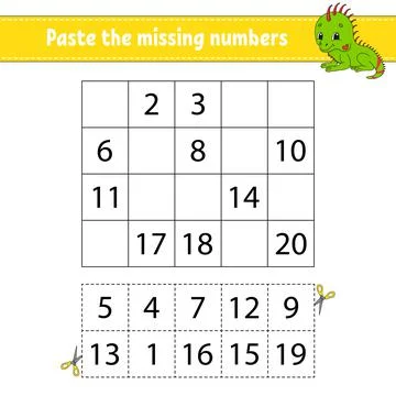 Paste the missing numbers 1-20. Game for children. Handwriting practice. Lear 스톡 일러스트
