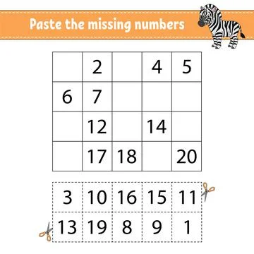 Paste the missing numbers 1-20. Game for children. Handwriting practice. Lear Stock Illustration