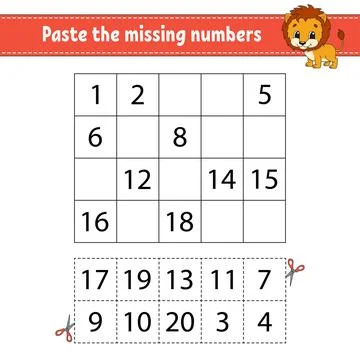 Paste the missing numbers 1-20. Game for children. Handwriting practice. Lear 스톡 일러스트
