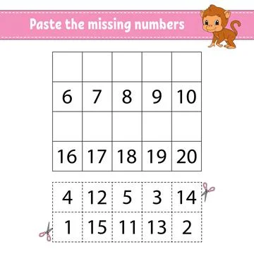 Paste the missing numbers 1-20. Game for children. Handwriting practice. Lear Stock Illustration