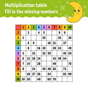 Paste the missing numbers. Learning multiplication table. Handwriting practic Stock Illustration